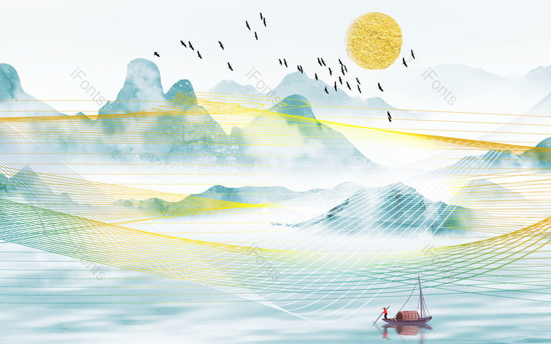 中国风日出手绘风景山水插画背景设计,插画/手绘图,插画/手绘图库,插画/手绘图下载,插画/手绘